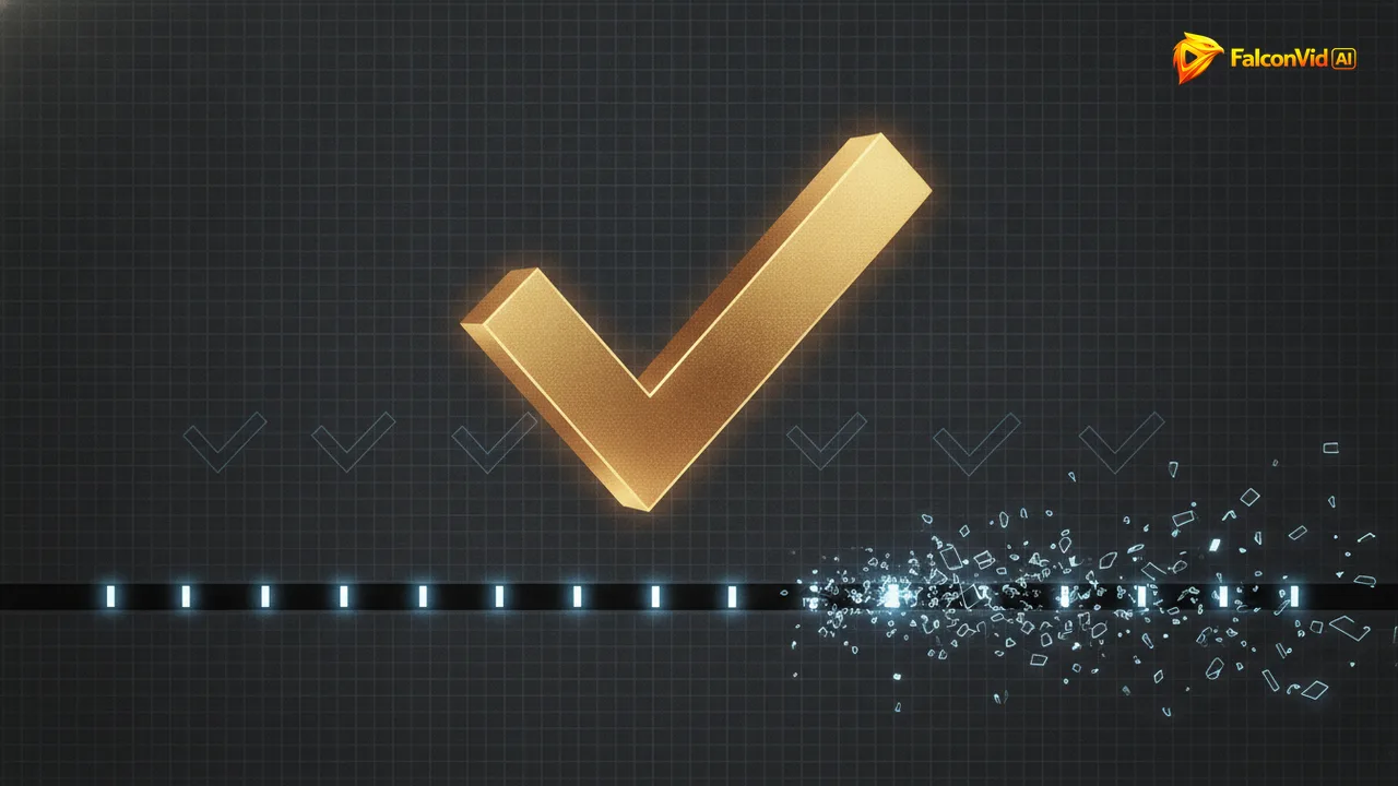 A hollow golden checkbox glowing over a dark timeline rail that stops and shatters immediately after it.