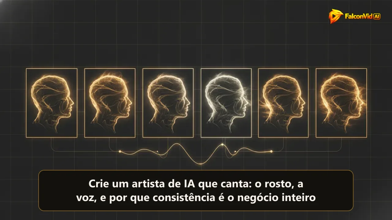 A mesma silhueta dourada de rosto repetida igual em seis quadros, com uma onda sonora ligando todos.