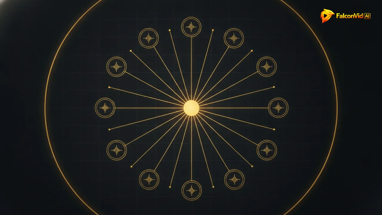 One golden anchor point radiating lines to identical nodes arranged in a ring, each carrying the same waveform mark.