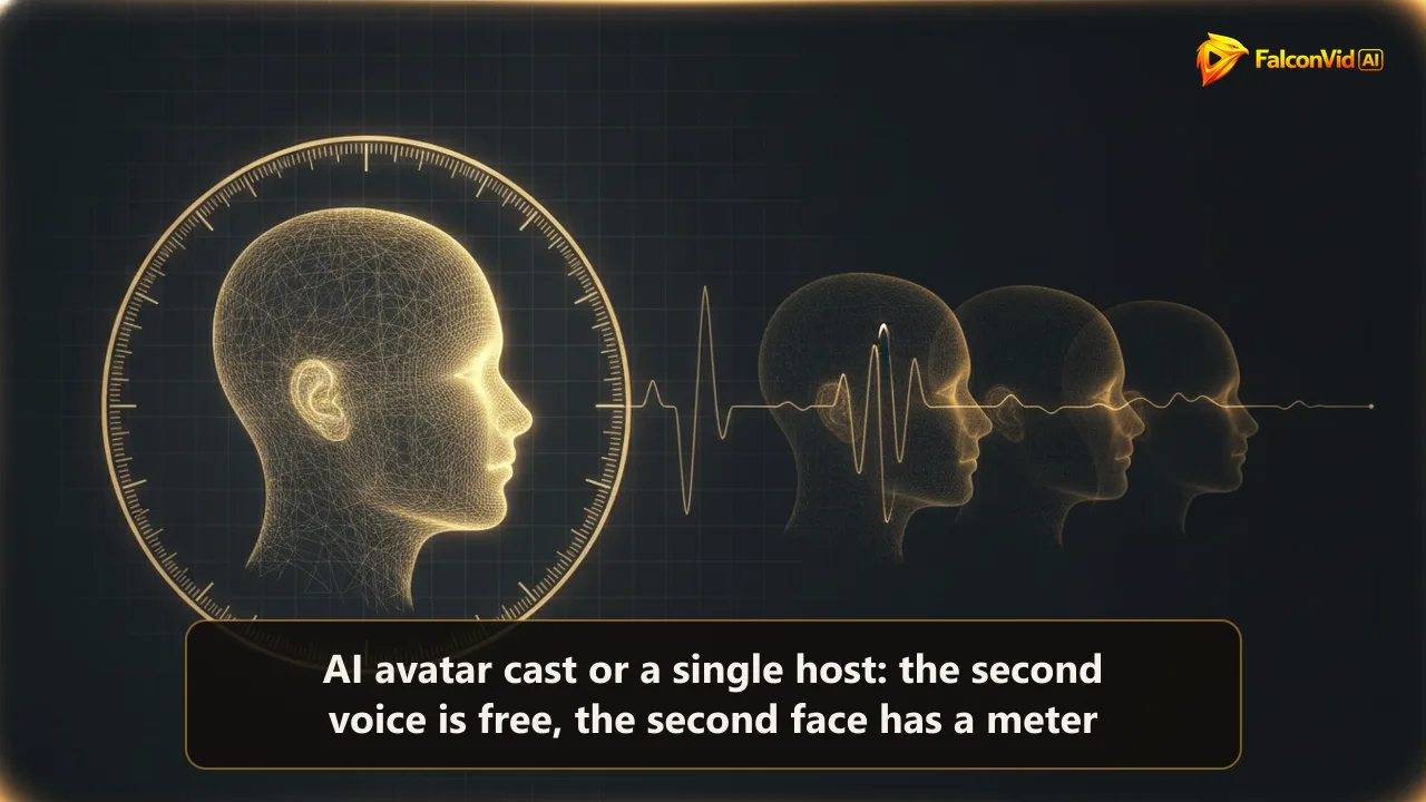 A glowing golden wireframe head circled by a stopwatch ring beside three dimmer heads linked by sound wave lines with no rings.