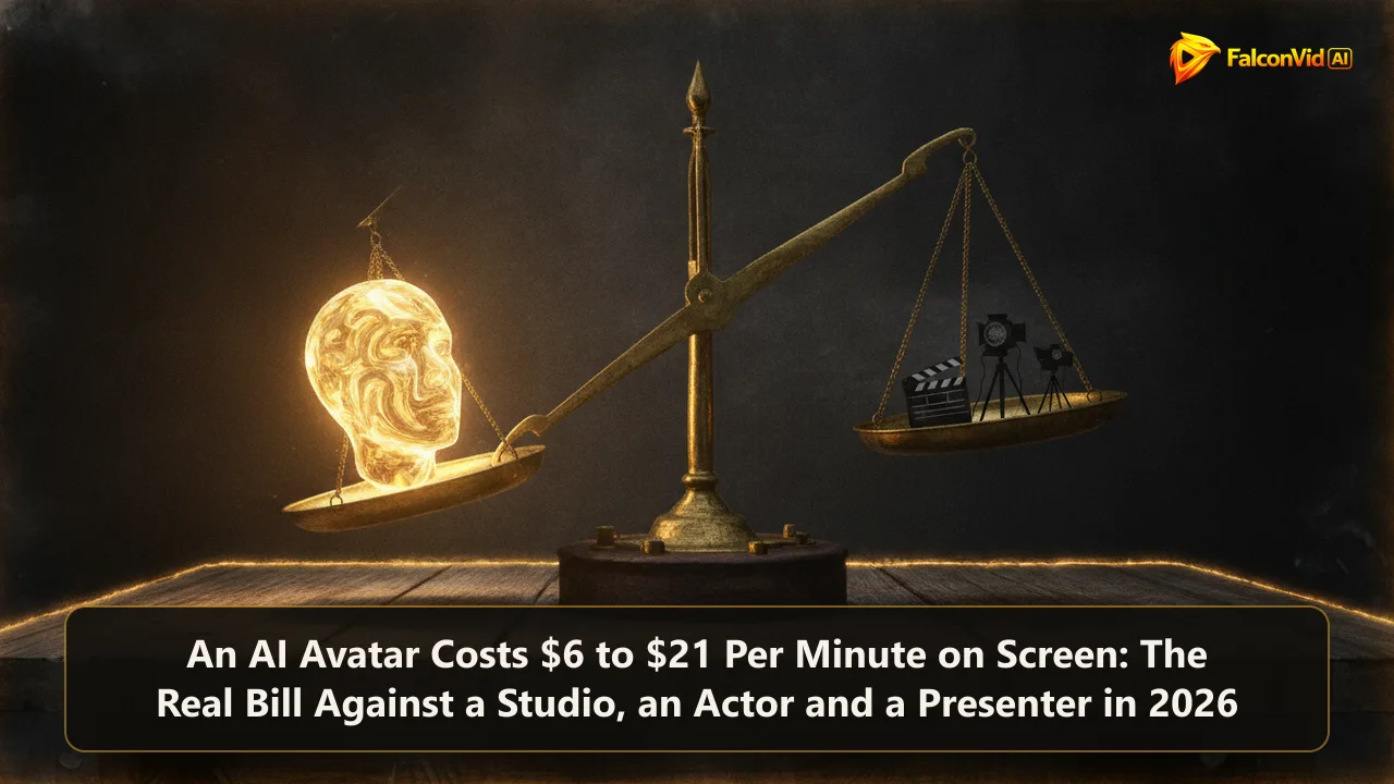A brass balance scale with a glowing golden head on one pan clearly outweighing a faint pile of studio equipment on the other.