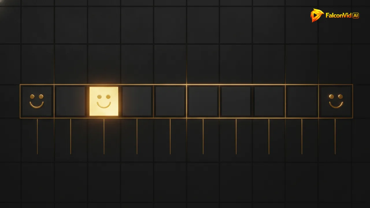 A twelve block timeline with only two blocks glowing gold, each holding a small face symbol, showing how little face time a video needs.