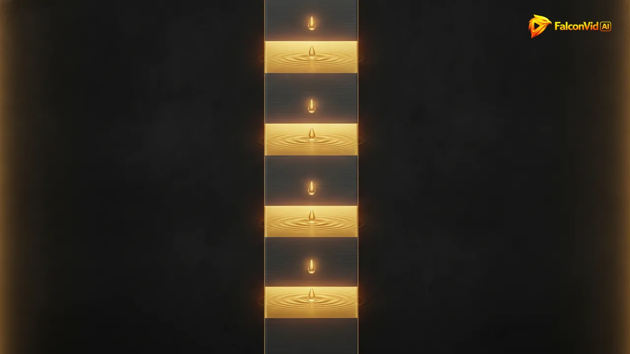 A slim vertical golden bar with four short brightly glowing segments and long dark stretches between them, four droplets of light falling into the bright segments.