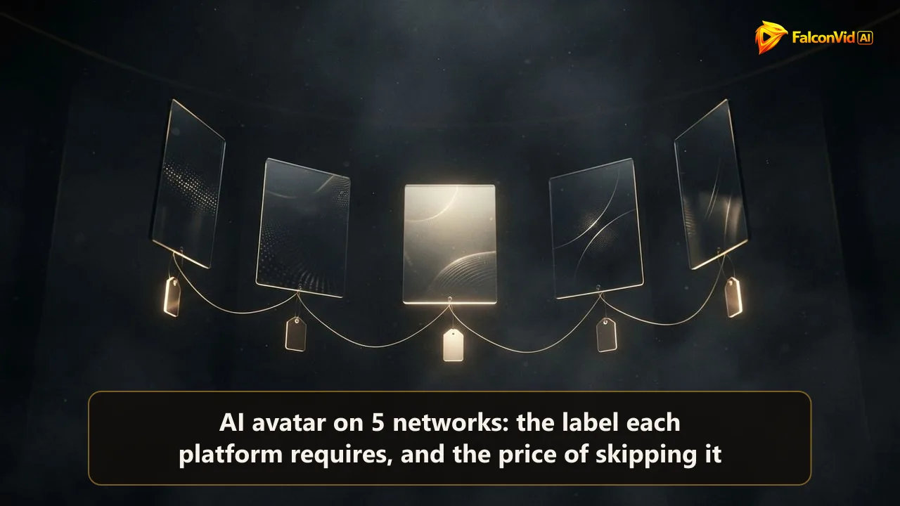 Five dark screens in an arc, each with a golden label hanging from the corner, the AI label on each network
