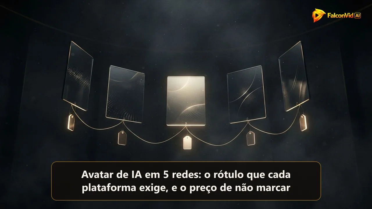 Cinco telas escuras em arco, cada uma com uma etiqueta dourada pendurada no canto, o rótulo de IA em cada rede