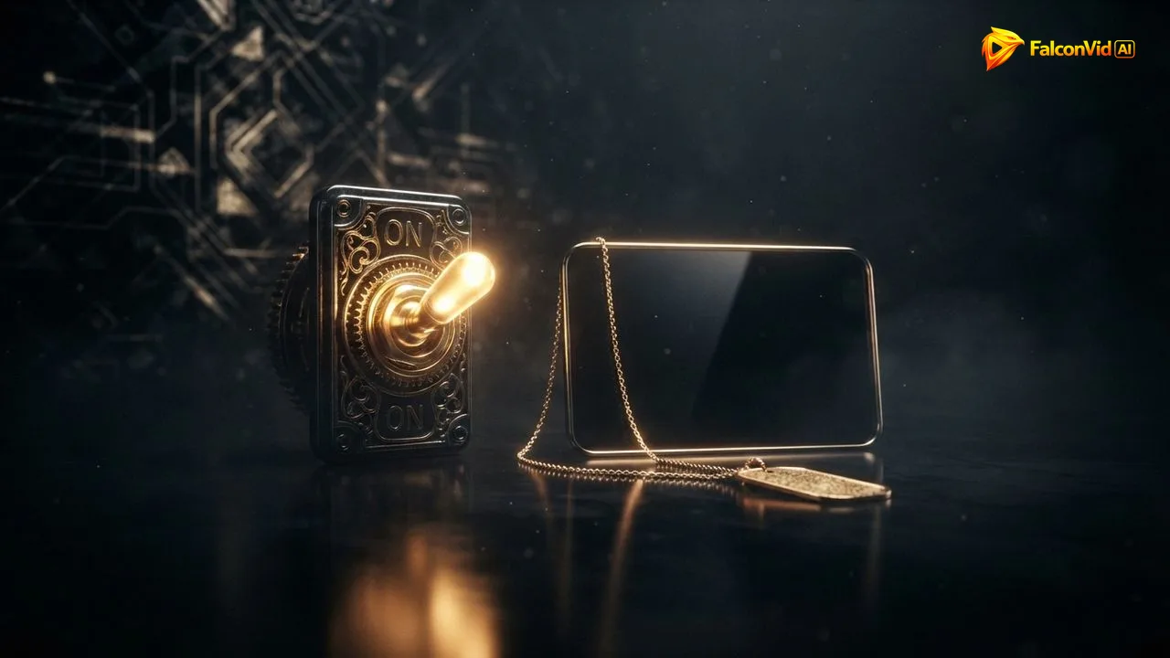 A golden switch turned on next to a label tied to a video frame, the AI generated content label turned on before publishing