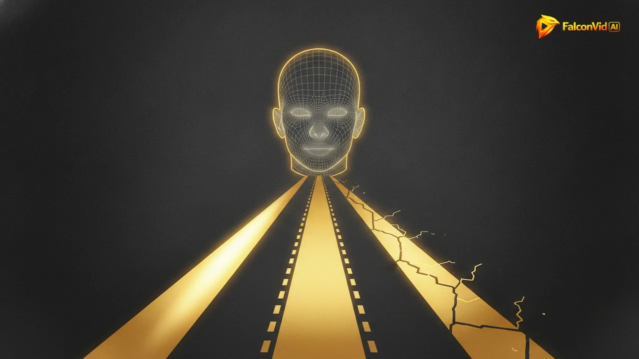 Three golden paths rising toward a wireframe head, one solid and bright, one dashed, one faint and broken.