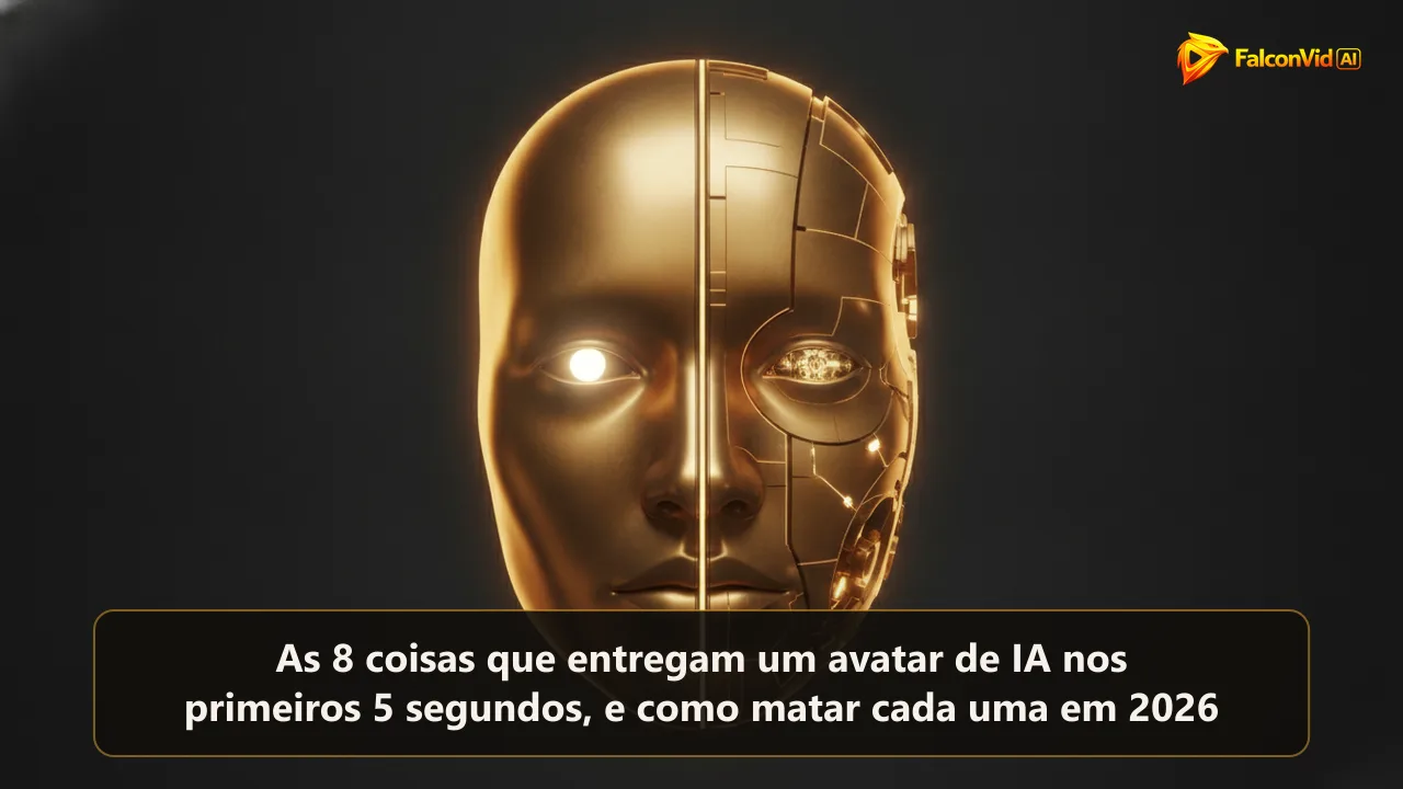 Um rosto dourado esculpido dividido ao meio, uma metade viva com luz no olho e a outra levemente mecânica.