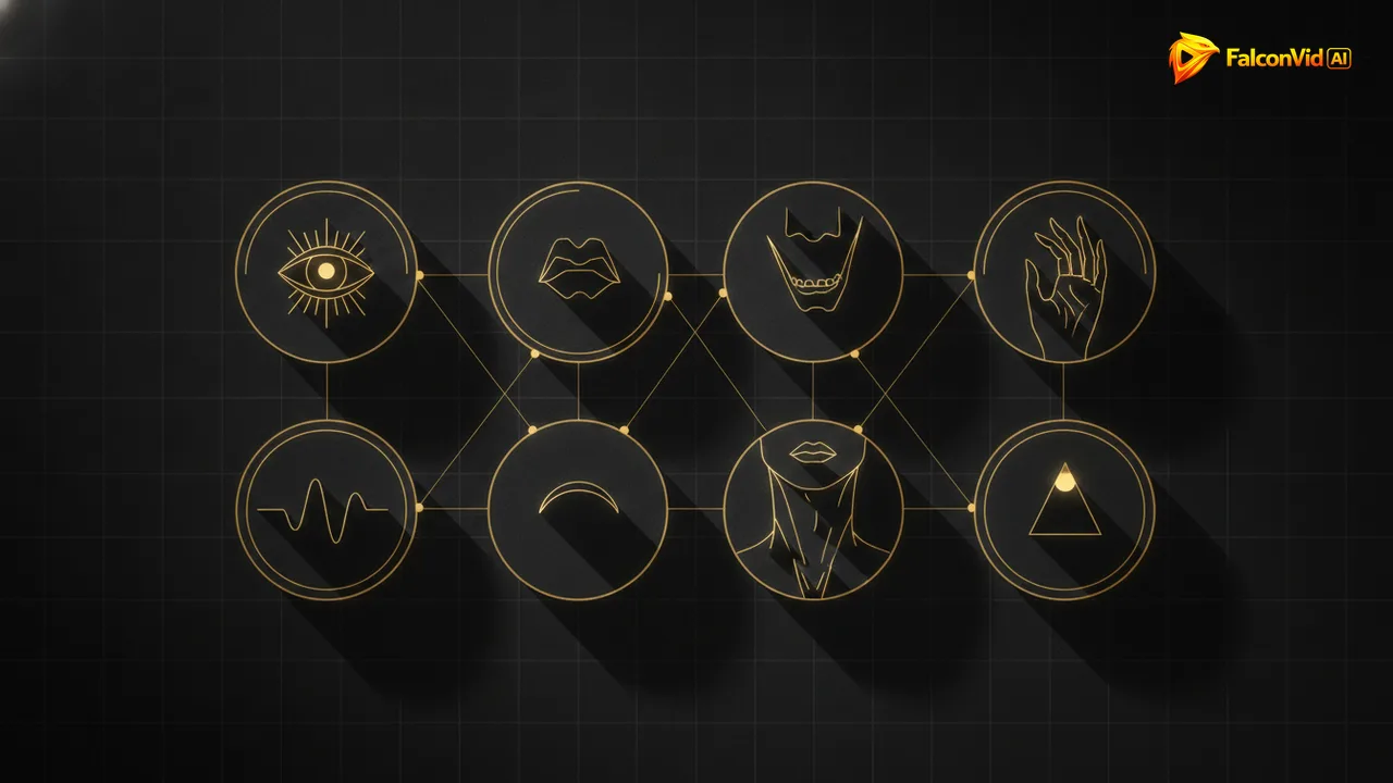 Eight glowing golden circles on a dark grid, each framing a different facial or audio detail that gives away a synthetic presenter.