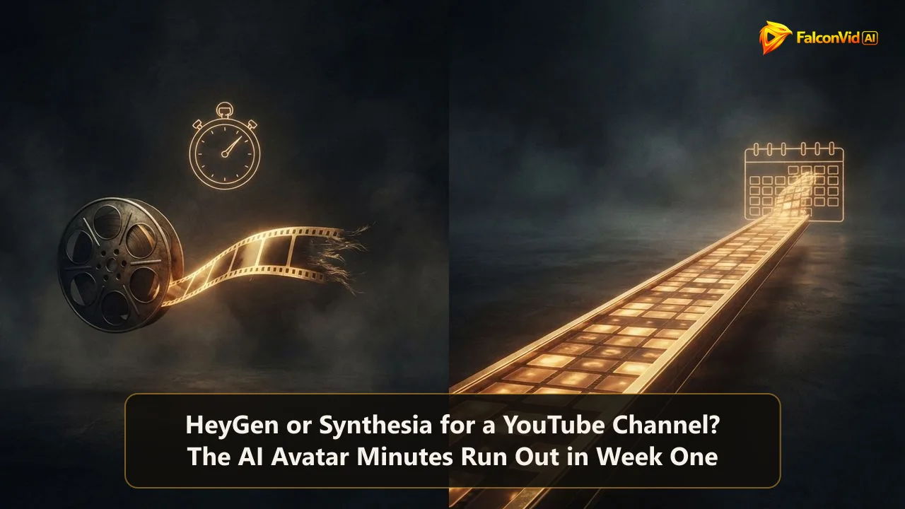 A short golden film strip running out into darkness on one side and a long rail of glowing video tiles flowing into a calendar on the other, the gap between avatar minutes and a full channel