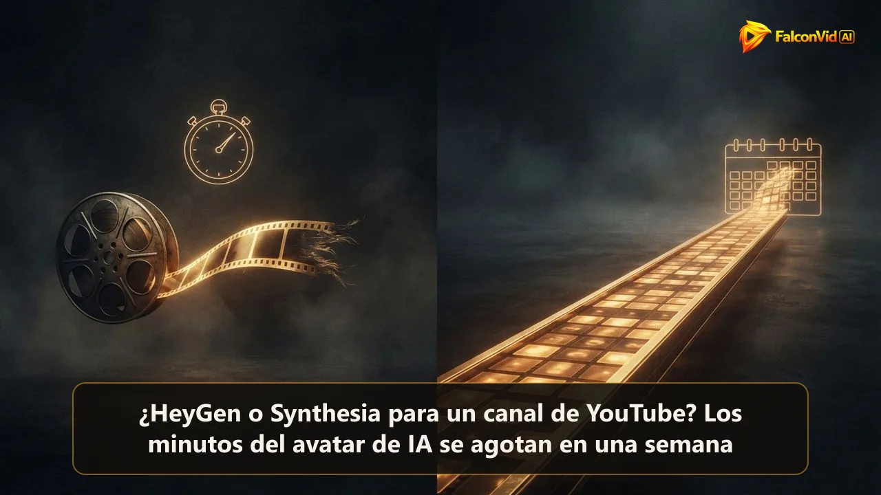 Una cinta de película dorada corta que se acaba en la oscuridad de un lado y un riel largo de videos brillantes que llega a un calendario del otro, la distancia entre minutos de avatar y un canal completo