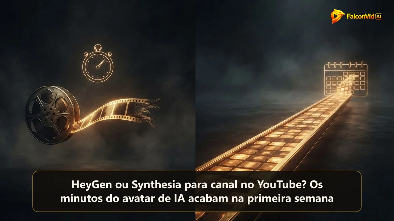 Uma fita de filme dourada curta acabando no escuro de um lado e um trilho longo de quadros de vídeo brilhantes chegando a um calendário do outro, a distância entre minutos de avatar e um canal inteiro