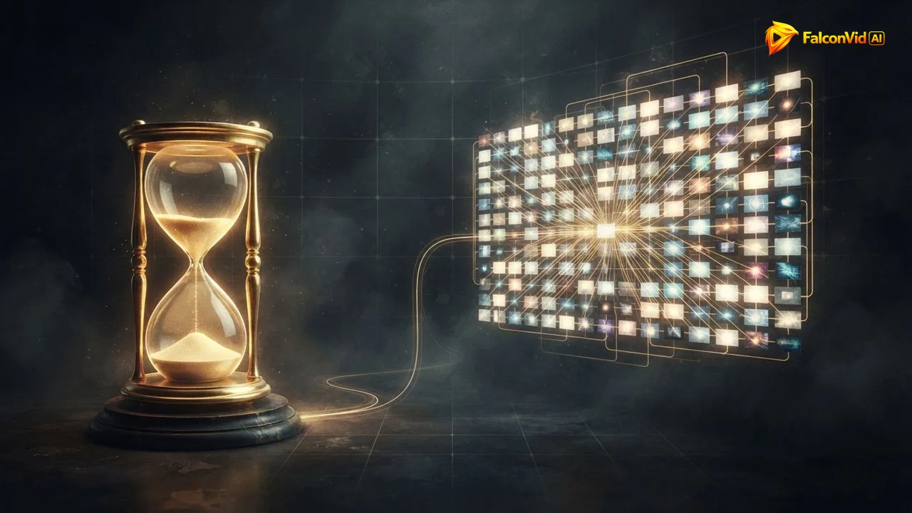 Un reloj de arena dorado con poca arena a la izquierda y un calendario brillante lleno de bloques de video unidos por líneas doradas a la derecha, minutos de avatar que se agotan frente a un calendario de canal lleno