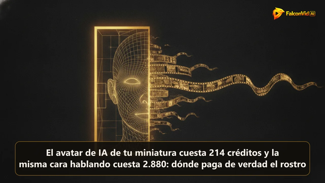 Cabeza en malla dividida entre un fotograma dorado congelado y una tira larga de fotogramas que se pierde en la oscuridad.