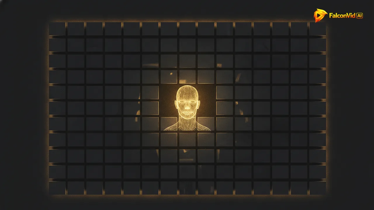 A wall of dark empty thumbnails with a single golden one holding a wireframe head that looks straight at the viewer.
