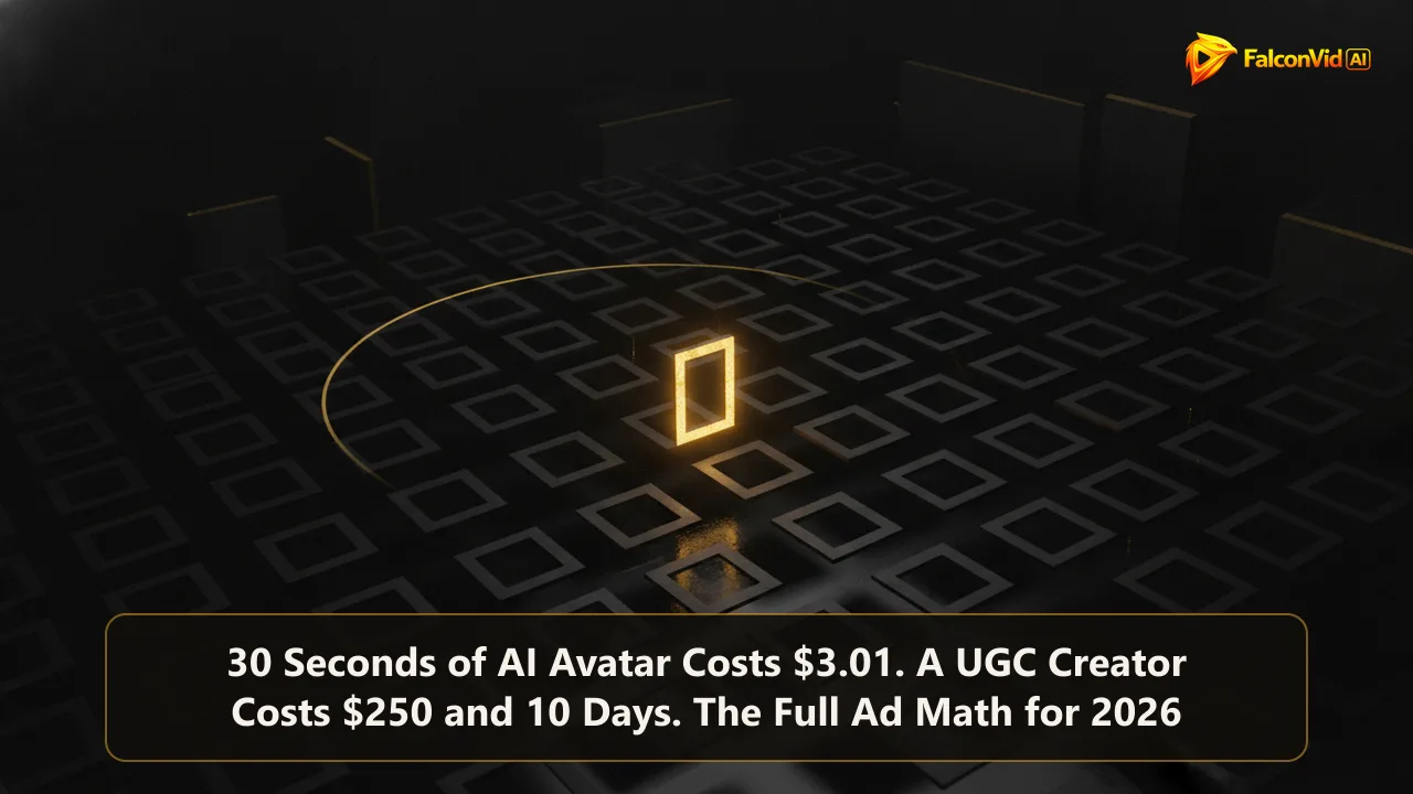 A dark grid of dozens of identical empty ad frames with a single frame lit in gold, the one winner among the attempts.