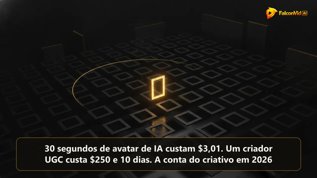 Uma grade escura com dezenas de quadros de anúncio vazios e idênticos e um único quadro aceso em dourado, o vencedor entre as tentativas.