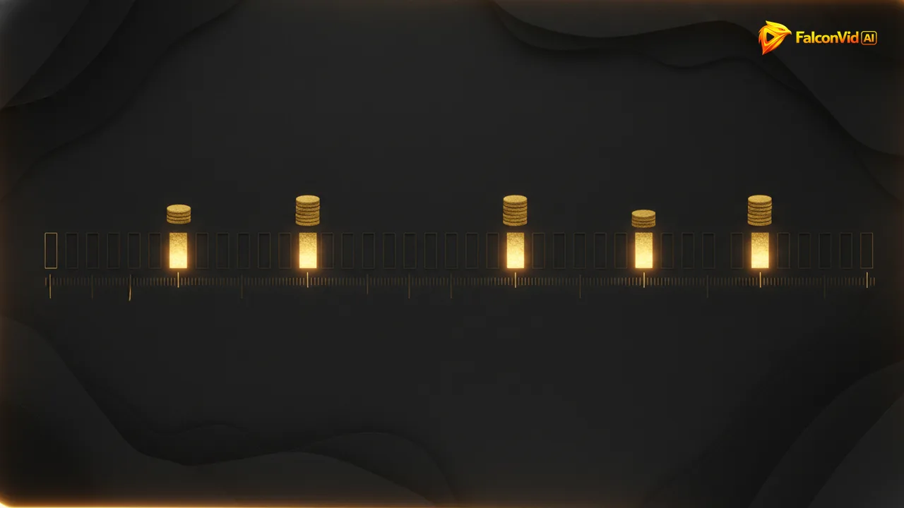 A dark timeline bar where only a few short segments glow gold, with stacks of golden discs counting the cost above each one.