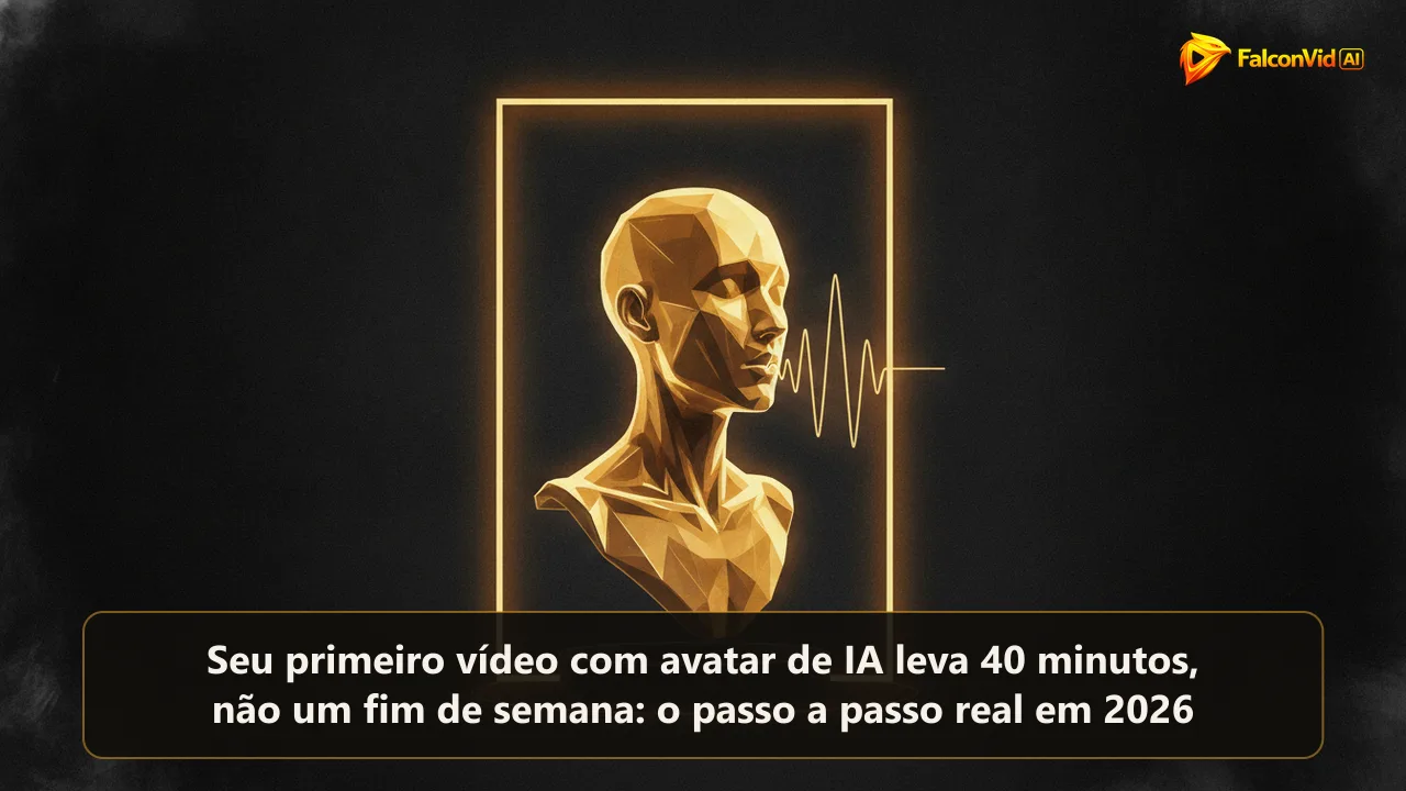 Um busto dourado esculpido apresentando num pequeno palco dentro de uma moldura acesa, com uma onda sonora saindo da boca.