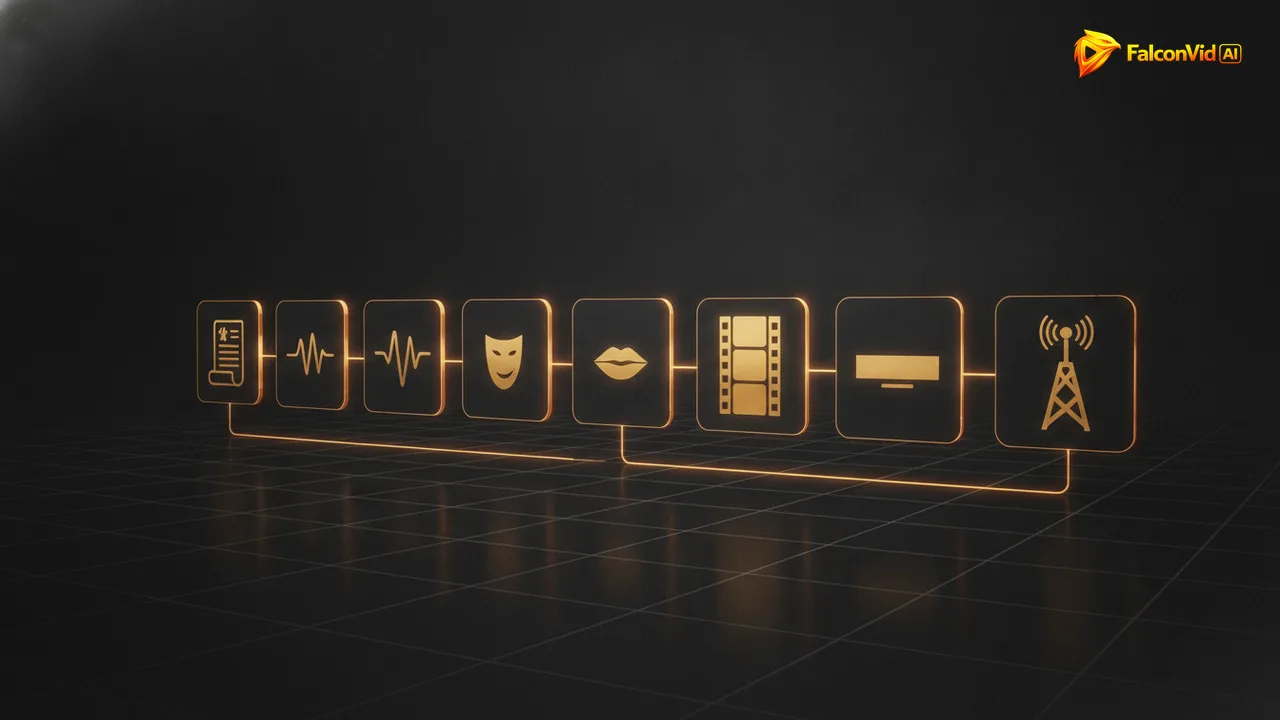 Seven glowing golden panels in a line, each holding a symbol of one production step, connected by a luminous thread.