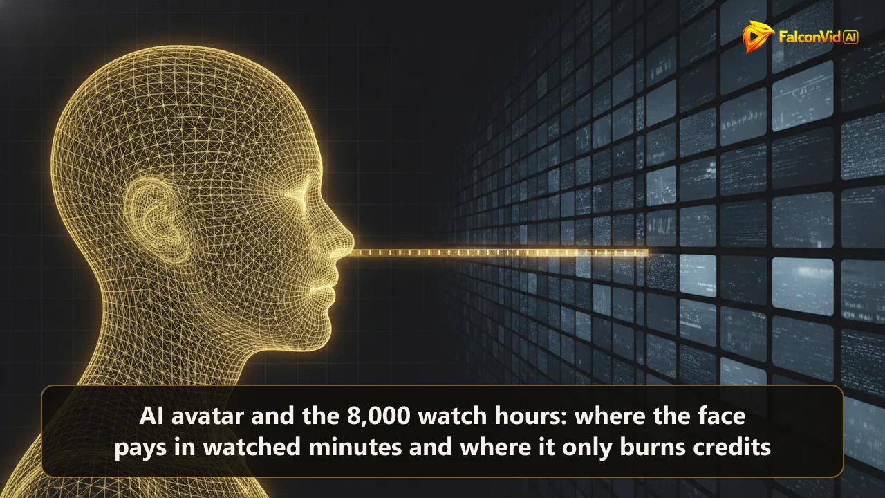 A bright golden wireframe head facing a vast field of small dim video rectangles, with a thin ribbon of tick marks measuring the distance between them.