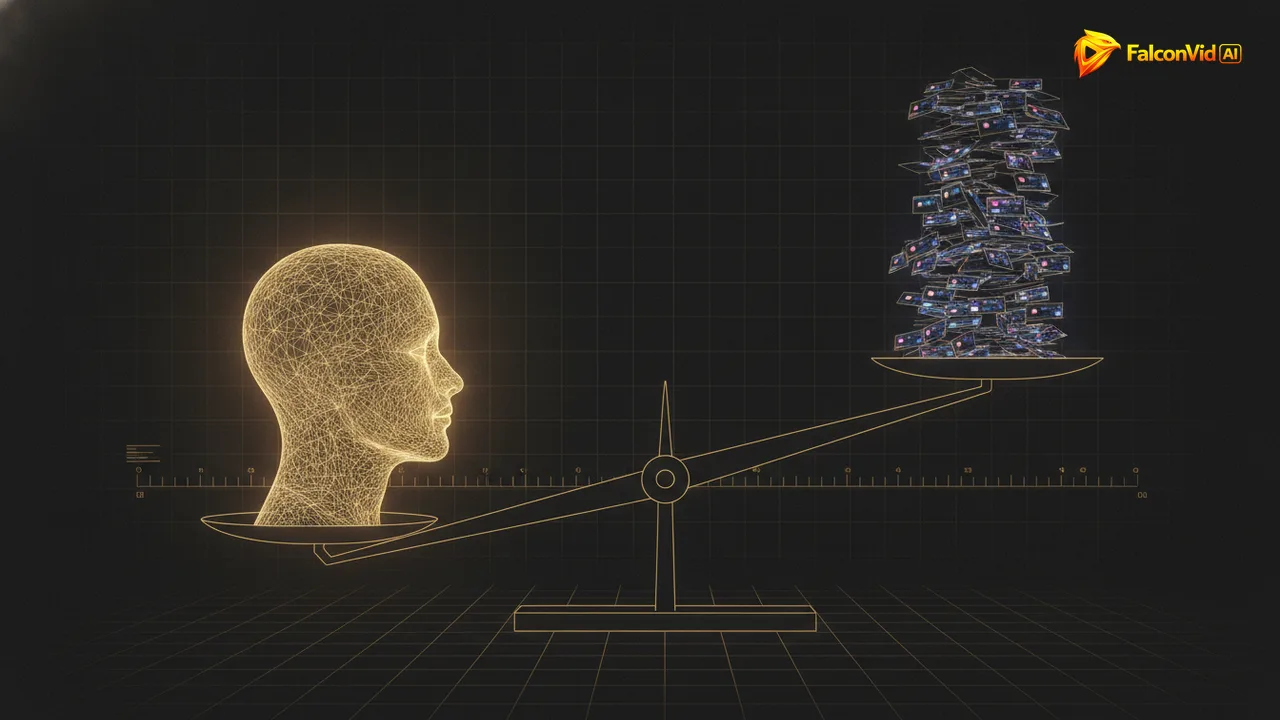 A balance scale with a single glowing golden mesh head on one pan and a much taller stack of small video rectangles on the other, tilting toward the stack.