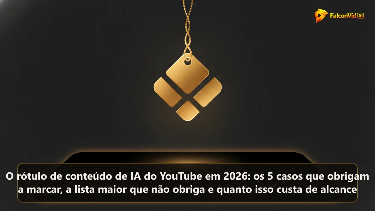 Uma etiqueta dourada acesa pendurada sobre um player de vídeo escuro e abstrato, jogando luz quente na superfície.
