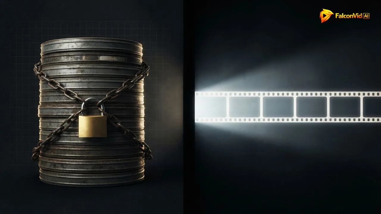 Rolos de filme antigos trancados atrás de um cadeado dourado de um lado e um feixe de luz limpa formando quadros novos do outro, imagem de arquivo contra cena gerada