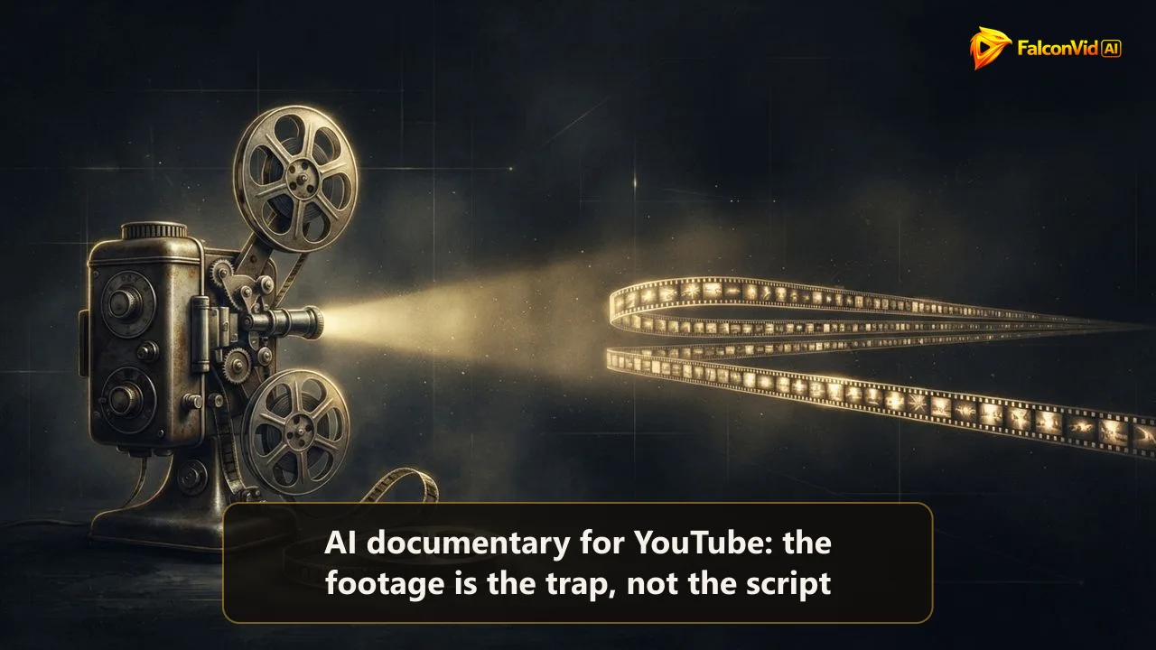 Vintage film projector casting a golden beam onto a long timeline of glowing film frames, a documentary laid out scene by scene