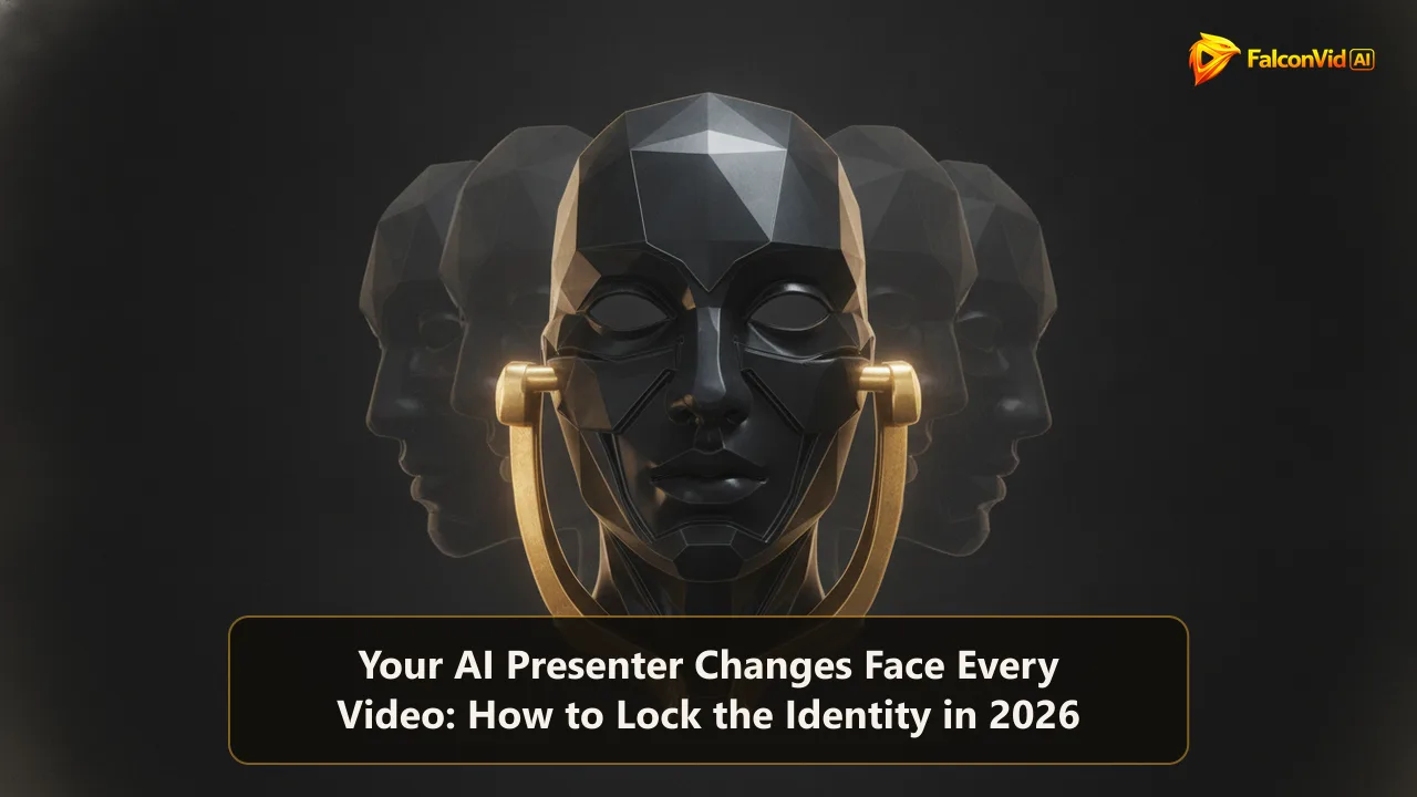 A sculpted abstract mask portrait held inside a glowing golden bracket while faint duplicates of the same head drift out of alignment behind it.