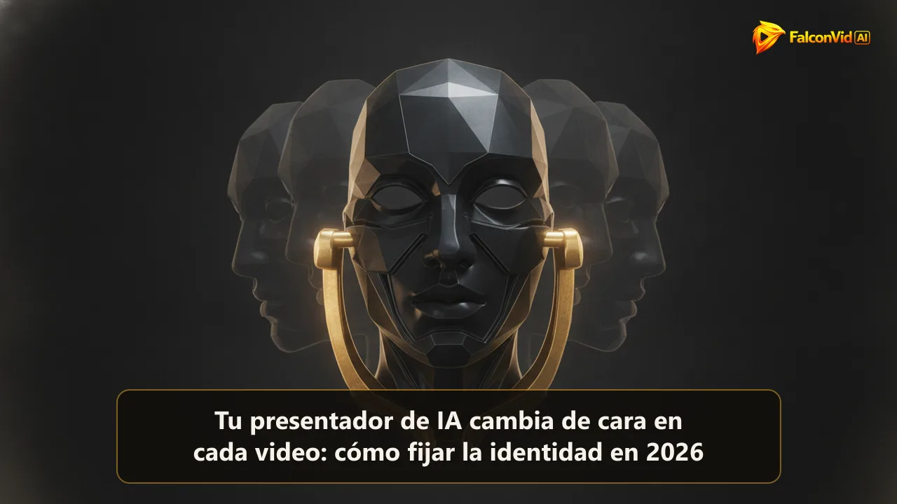Un retrato abstracto esculpido sujeto dentro de un corchete dorado encendido, con duplicados tenues de la misma cabeza desalineados detrás.