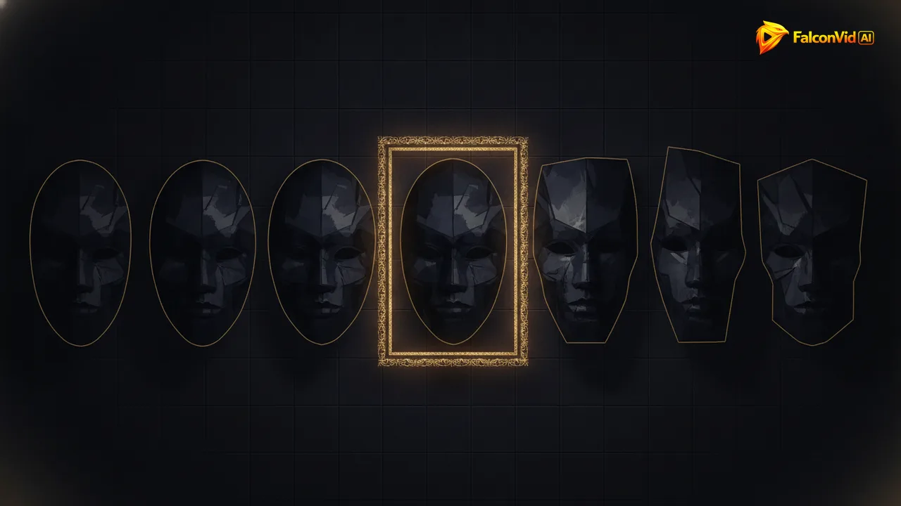 A row of six abstract mask portraits that slowly deform across the row, with one locked inside a bright golden frame.