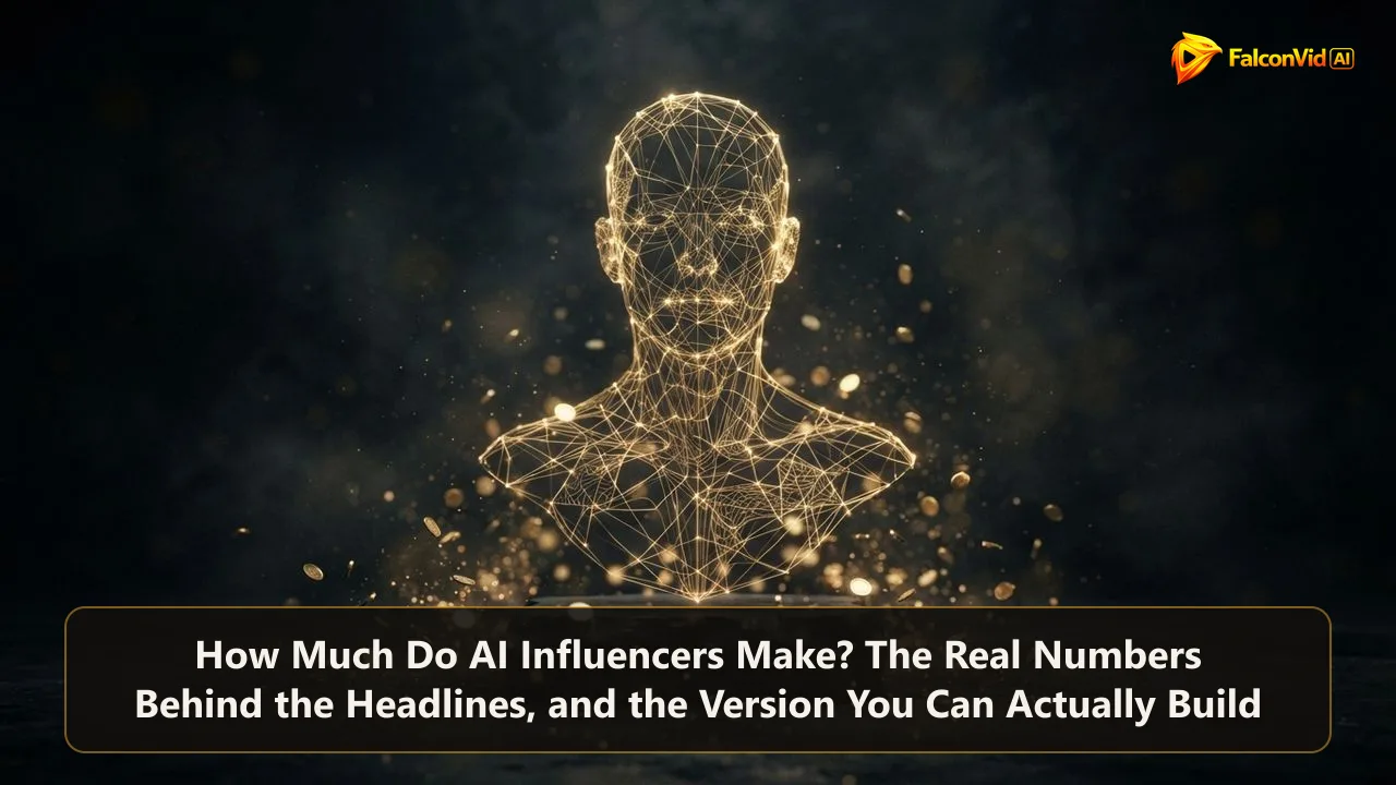 Golden digital silhouette on a dark stage with coins rising, illustrating how much AI influencers make