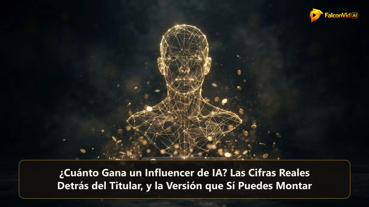 Silueta digital dorada en un escenario oscuro con monedas subiendo, ilustrando cuánto gana un influencer de IA