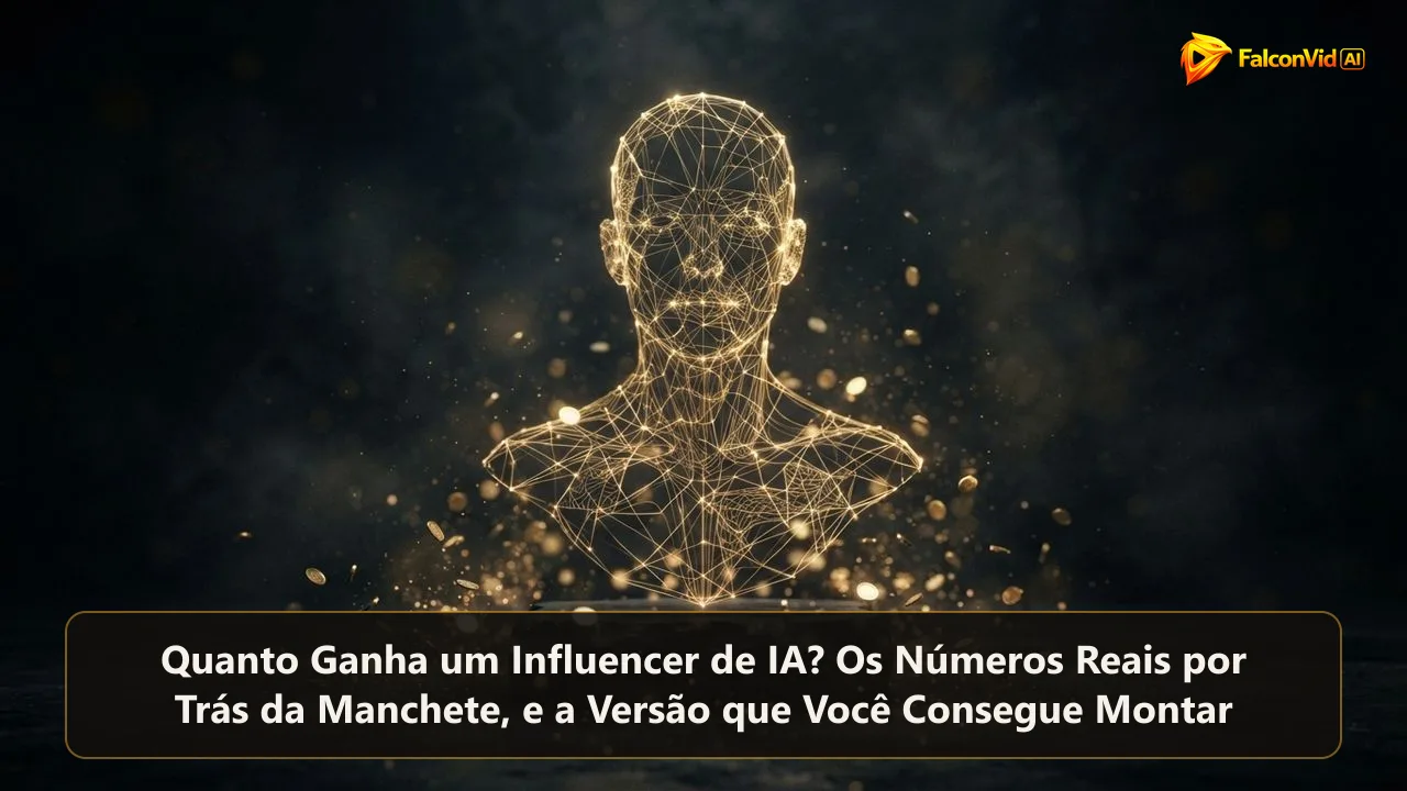 Silhueta digital dourada num palco escuro com moedas subindo, ilustrando quanto ganha um influencer de IA