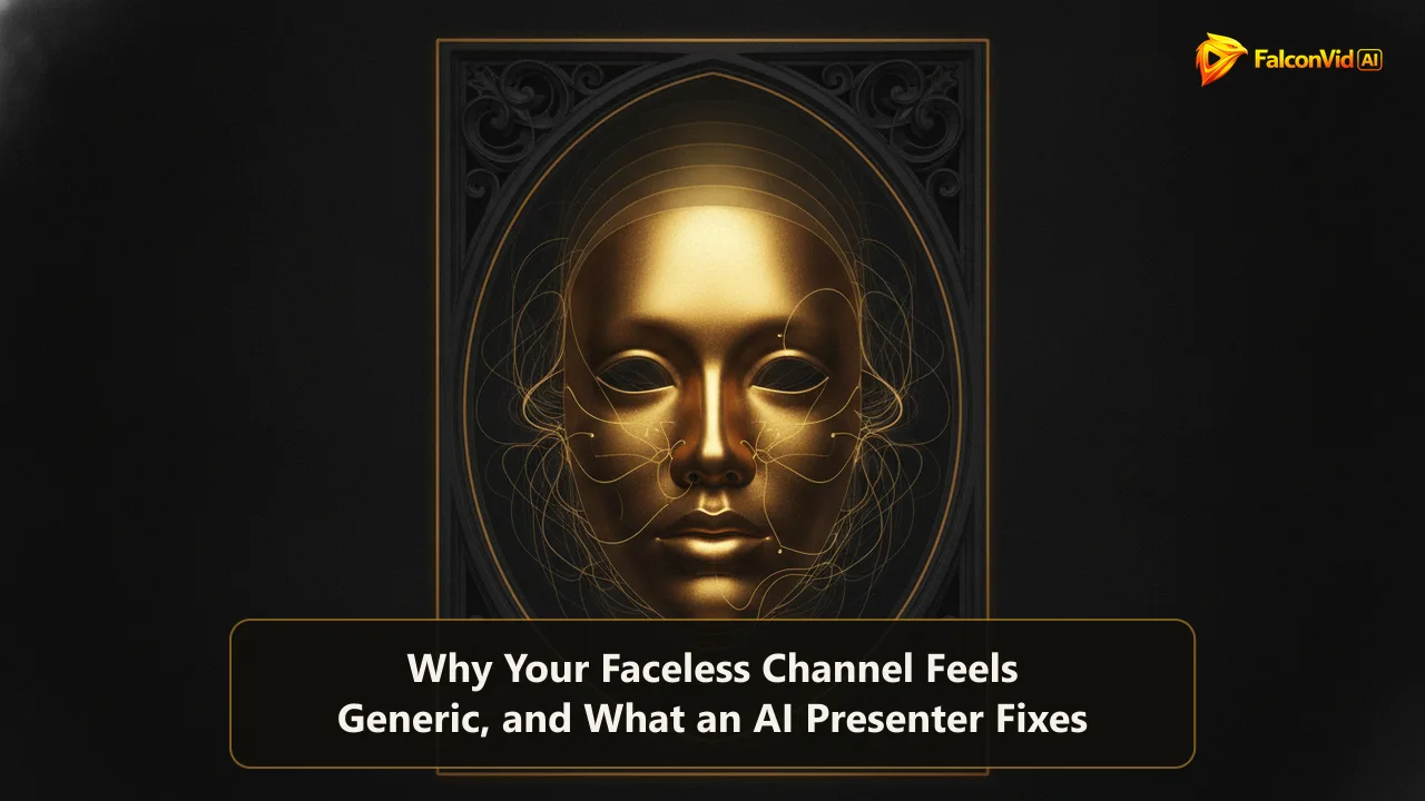 Glowing golden portrait mask floating inside a dark frame while streams of light assemble into facial contours