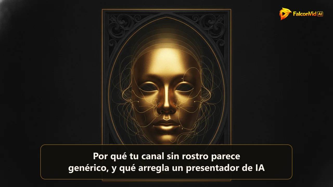 Máscara dorada brillante flotando dentro de un marco oscuro mientras haces de luz forman los contornos de un rostro