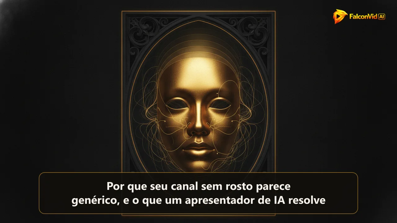 Máscara dourada brilhante flutuando dentro de uma moldura escura enquanto feixes de luz formam contornos de um rosto