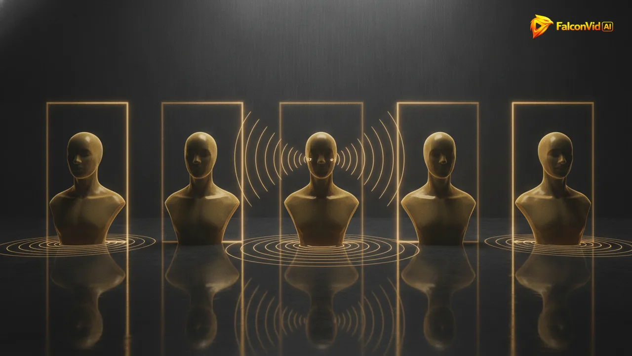 A row of identical glowing golden silhouette busts in luminous frames, sound waves radiating from the central figure