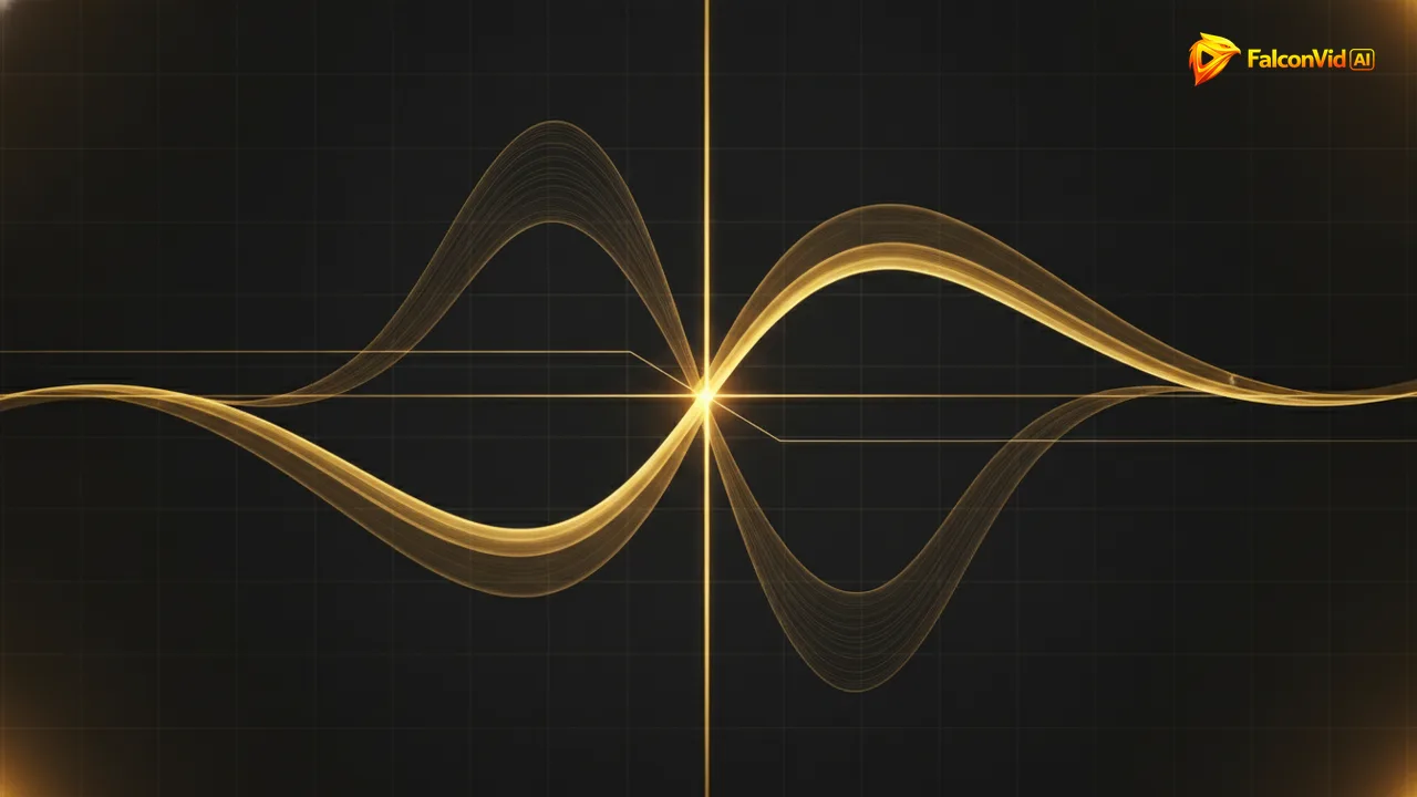 Two overlapping golden waveforms on a dark grid with a bright marker at the overlap point.
