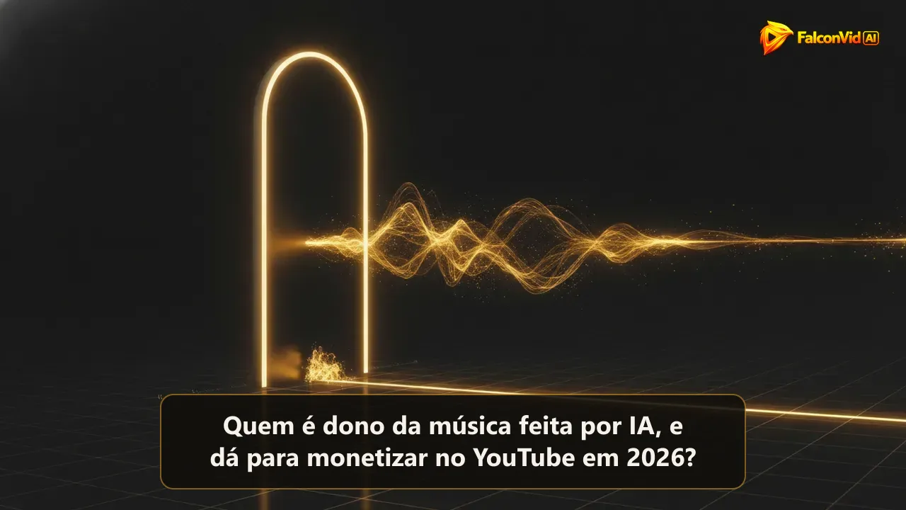 Uma onda sonora dourada passando por um portão iluminado numa grade escura, com um fragmento parado no portão.