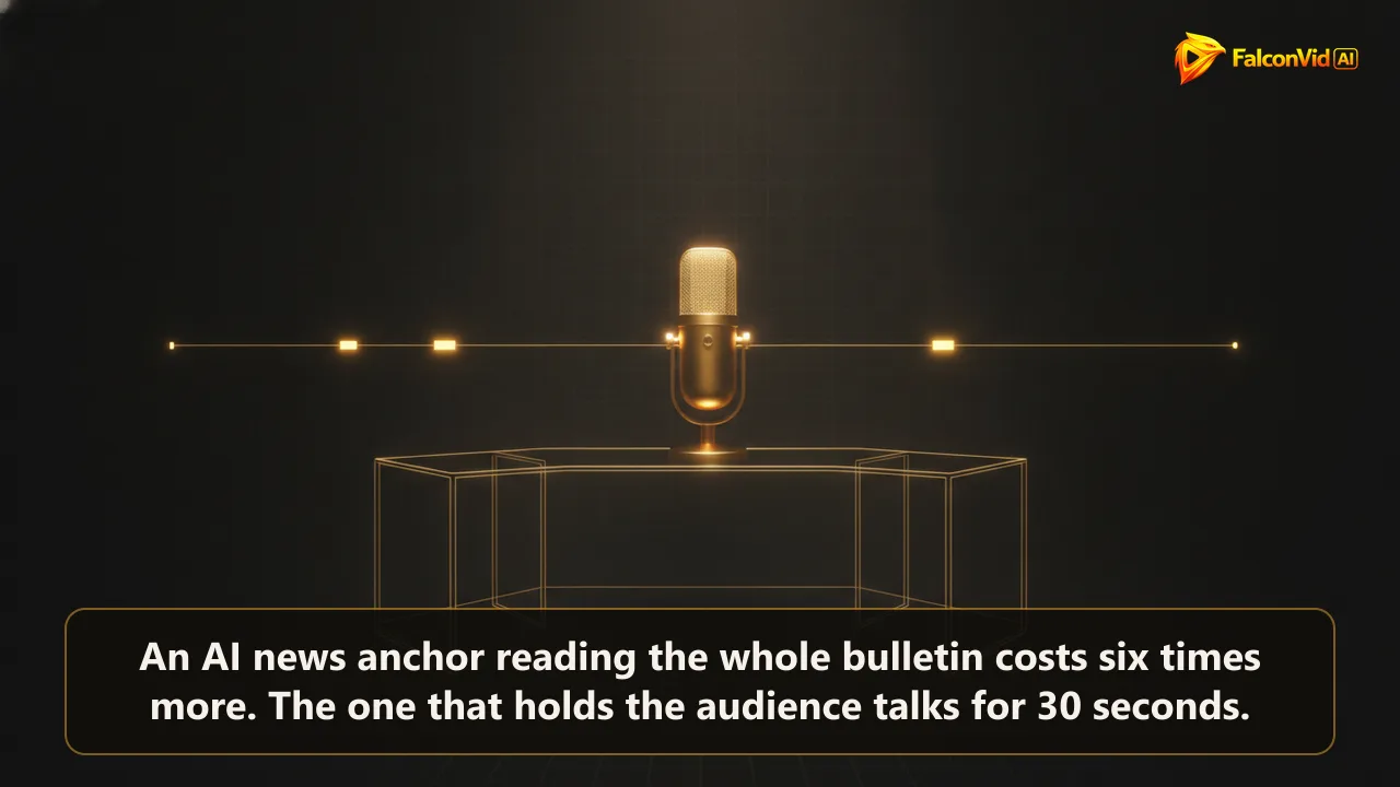 Golden studio microphone and empty broadcast desk in front of a long timeline with only three short bright segments, showing where an AI anchor appears in a news bulletin