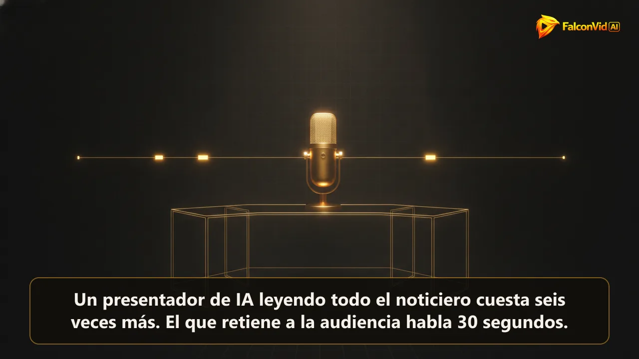 Micrófono de estudio dorado y escritorio de noticiero vacío frente a una línea de tiempo larga con solo tres tramos cortos iluminados, que muestra dónde aparece el presentador de IA en el boletín