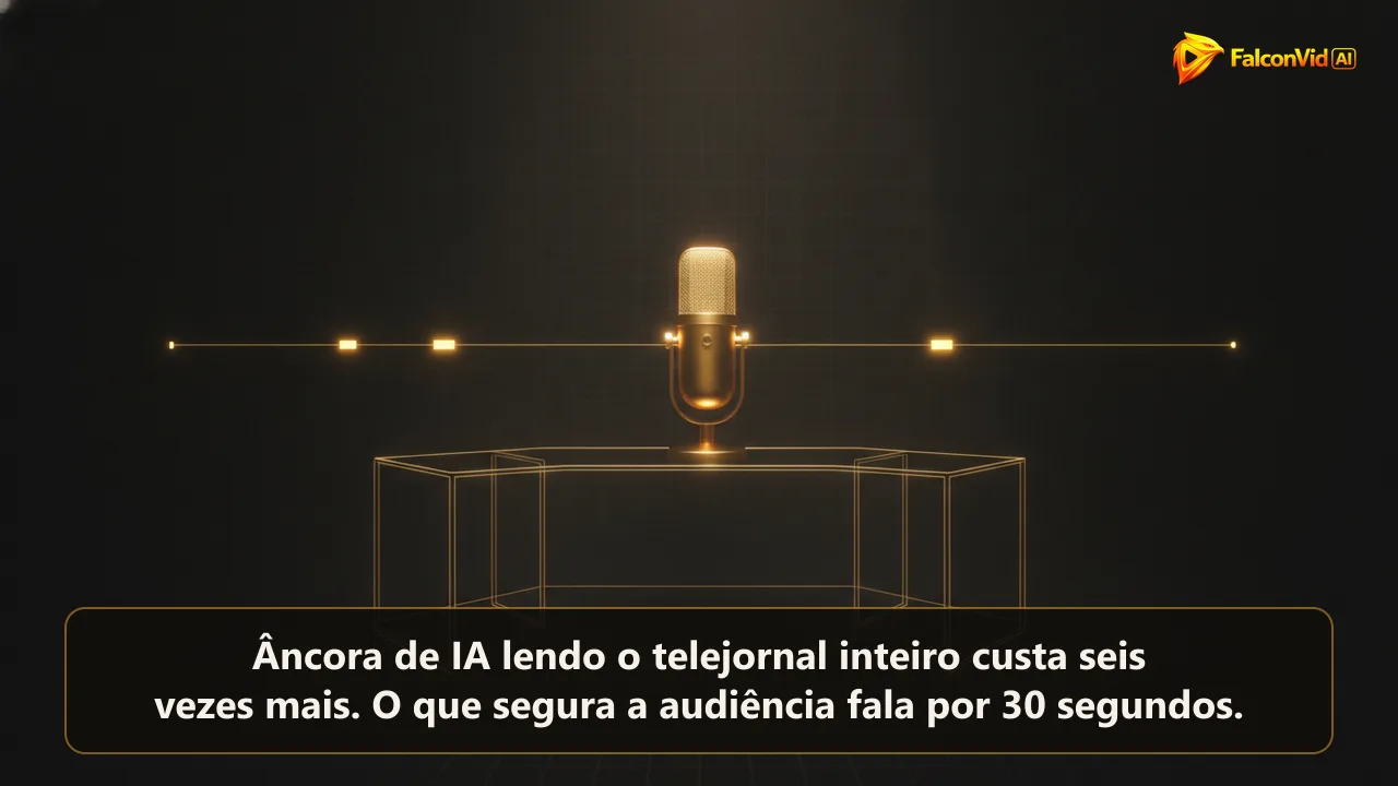 Microfone de estúdio dourado e bancada de telejornal vazia diante de uma linha do tempo longa com apenas três trechos curtos iluminados, mostrando onde o âncora de IA aparece no boletim