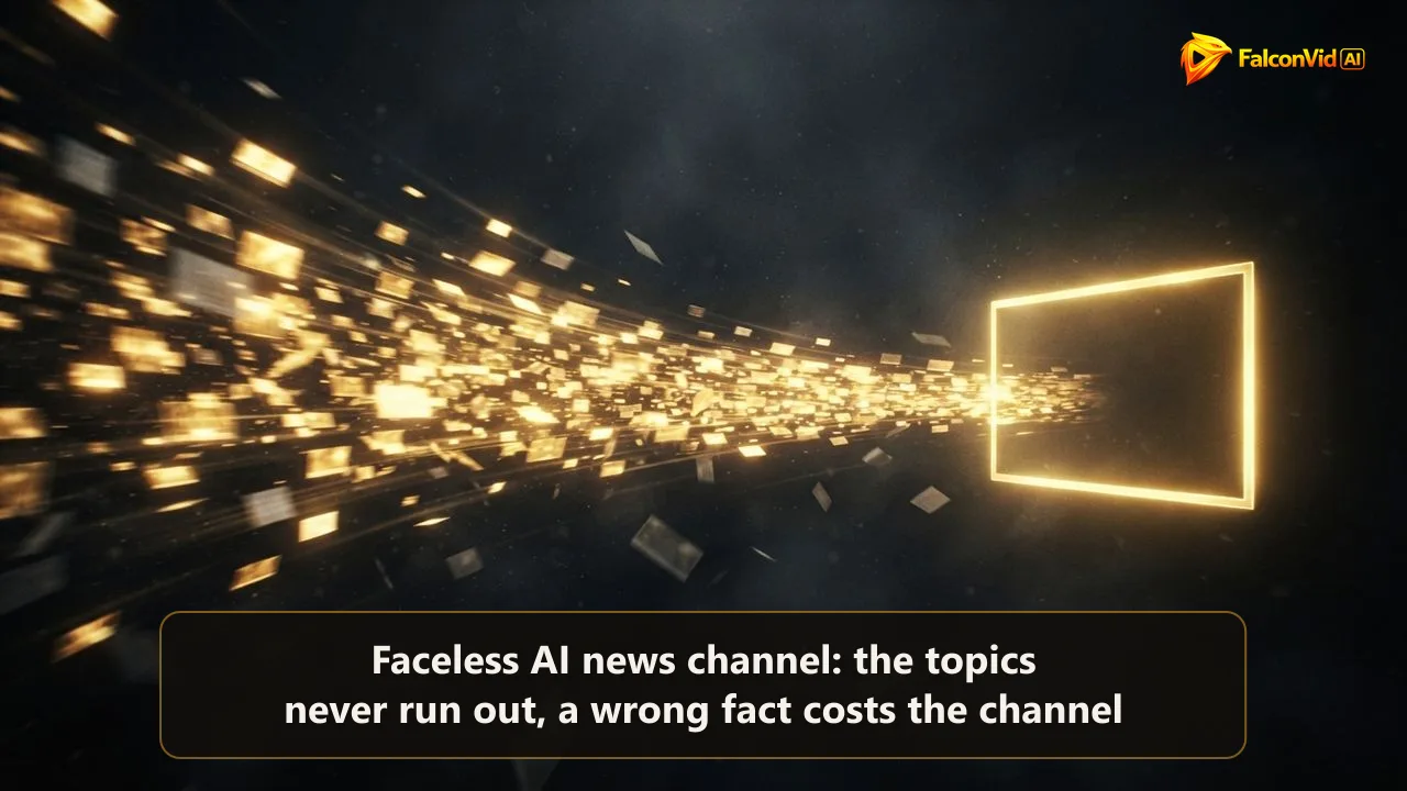 A stream of glowing golden news cards flowing through a dark space into a single bright golden video frame, with a few grey cards falling into the shadow