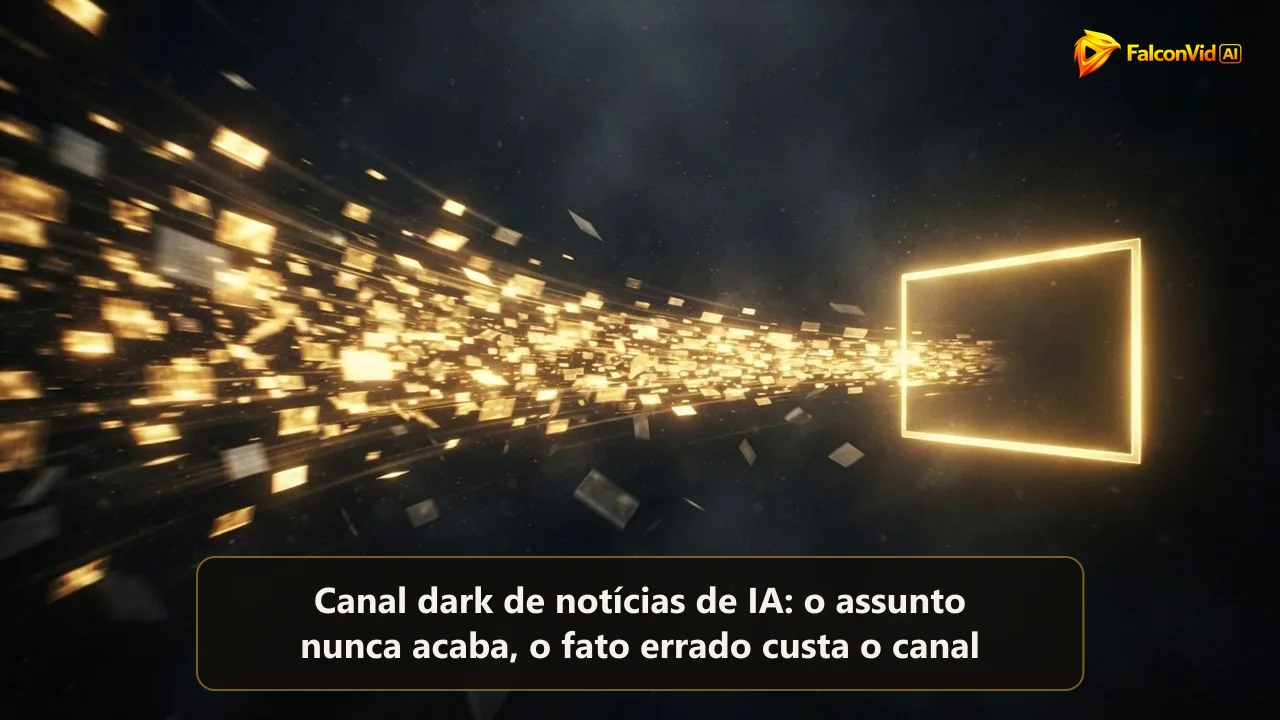 Um fluxo de cartões de notícia dourados atravessando um espaço escuro até um único quadro de vídeo dourado, com alguns cartões cinzas caindo na sombra