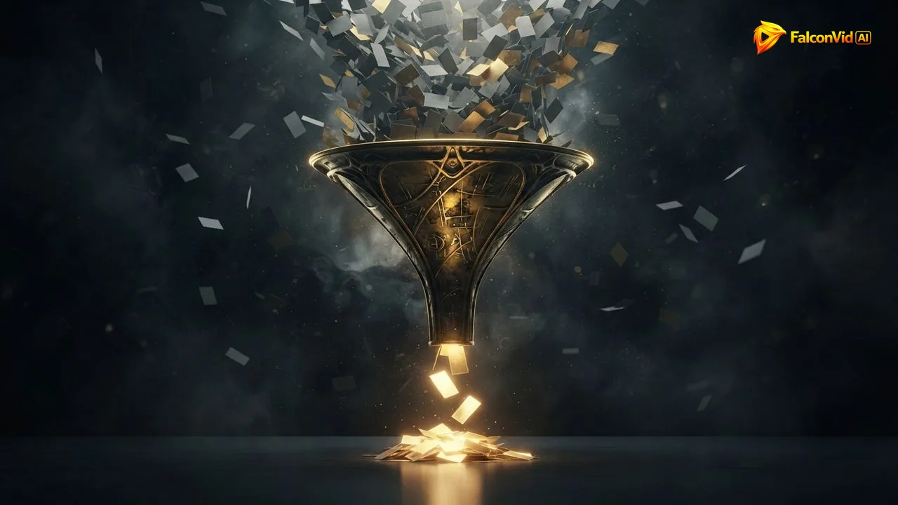 A golden funnel in a dark space receiving many grey and gold cards at the top and letting only a few golden cards out at the bottom