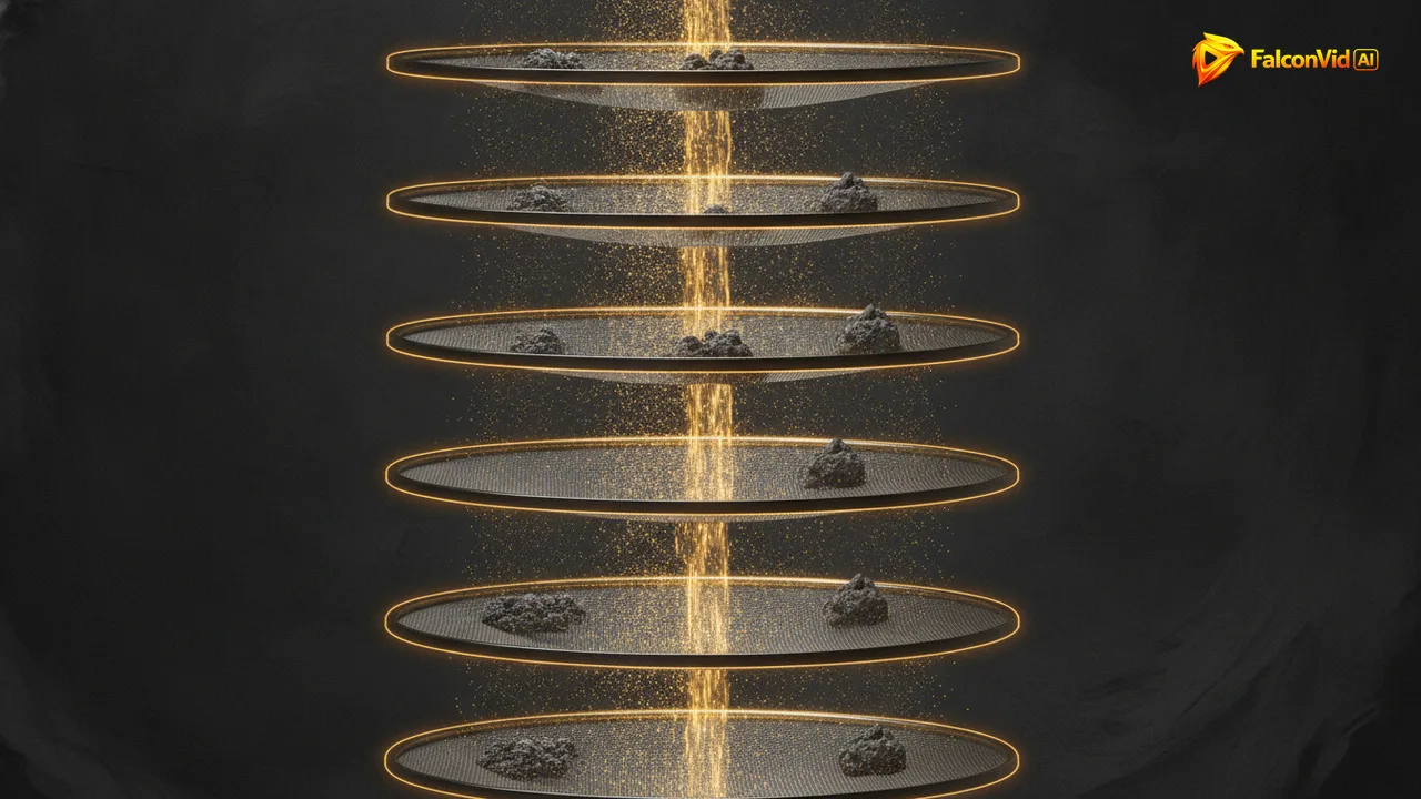 A stream of golden particles falling through six fine sieves in series, with dark particles held back on each one.