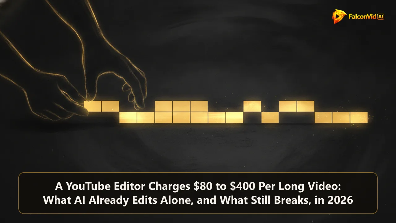 A long golden editing timeline, one half assembled by faint abstract hands and the other half snapping together on its own.