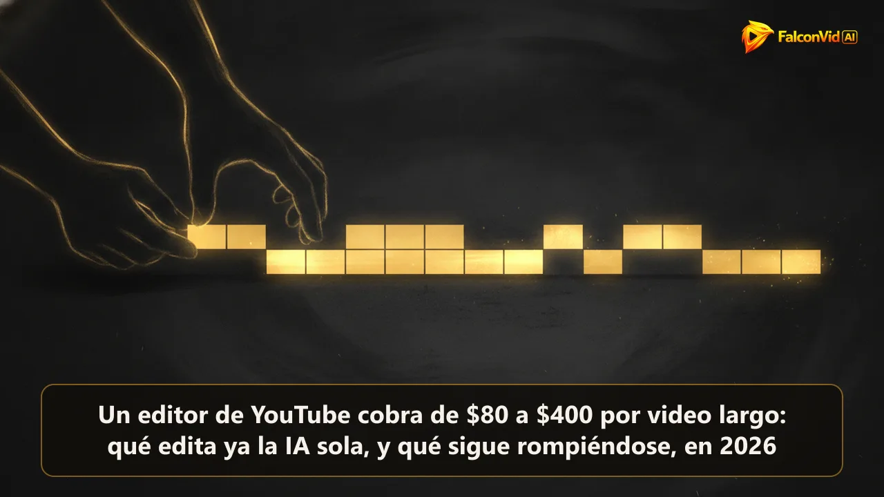 Una larga línea de tiempo dorada de edición, una mitad montada por manos abstractas apagadas y la otra encajándose sola.